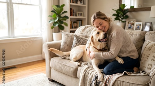 Happy woman hugging her golden labrador dog on a cozy living room sofa