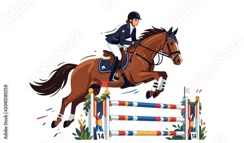 Foto Horseback riding show jumping woman cartoon vector illustration