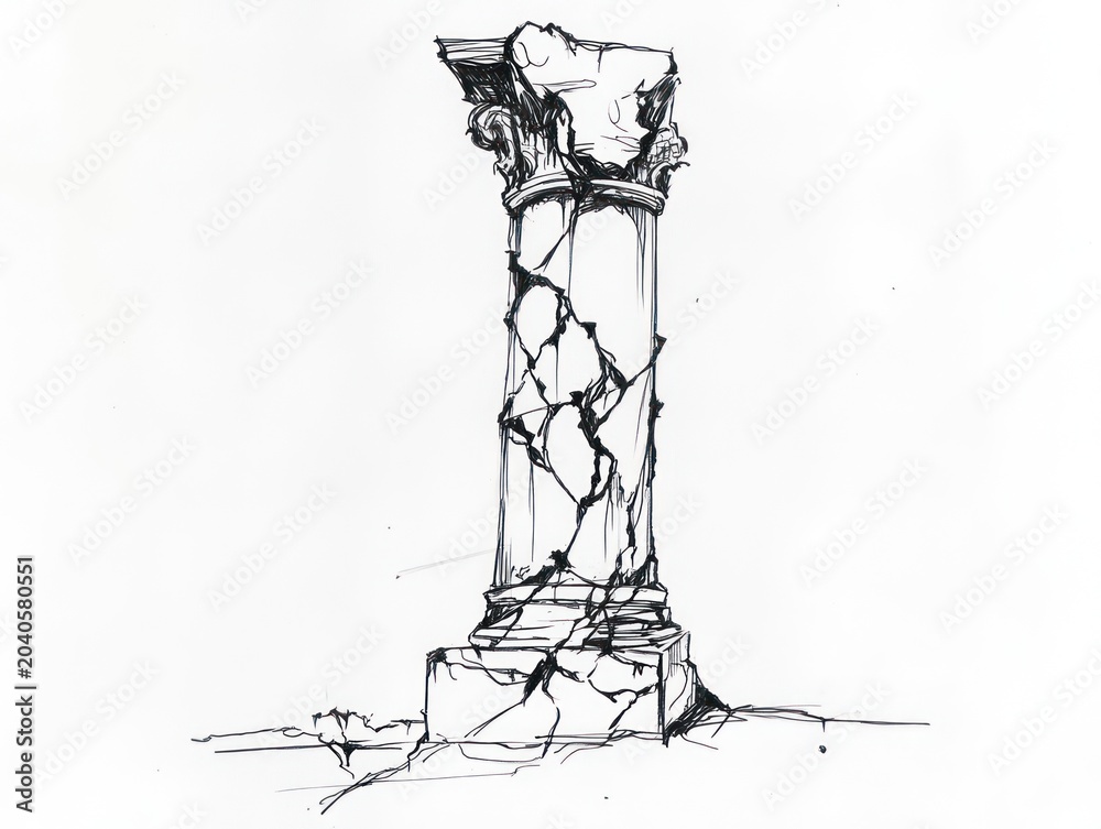 Obraz premium Sketch of a crumbling classical column, showcasing architectural decay against a stark white backdrop