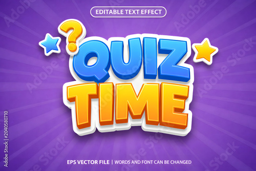 Quiz time editable text effect on purple background, colorful cartoon typography game banner, kids trivia challenge, school education competition, knowledge test, playful quiz show poster design, star