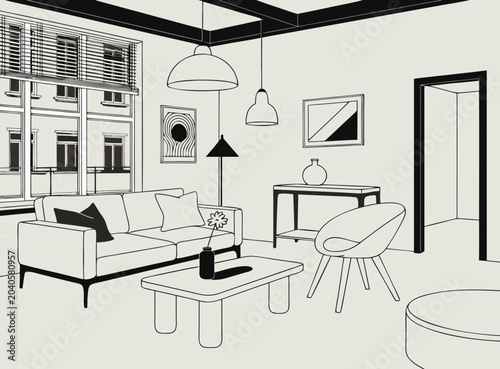 Modern interior design showcasing staged living room with minimalist aesthetic clean lines stylish furniture neutral palette and serene atmosphere