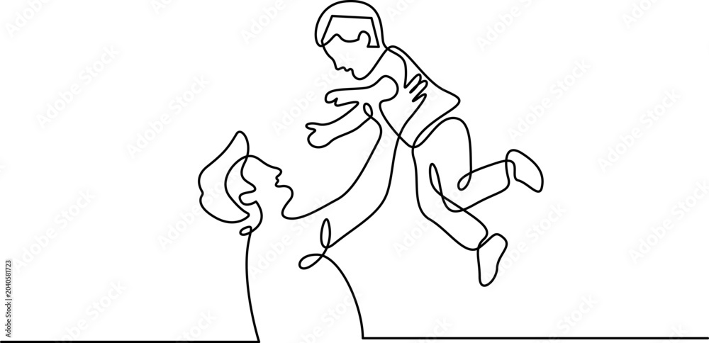 Fototapeta premium Continuous line art of a father playing with his child, minimalist family love concept