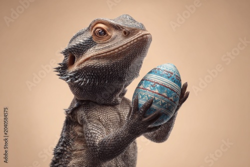 Whimsical easter wishes: a lizard's delightful egg celebration. Poster illustration. Easter egg bliss: lizard's serene and festive presentation. Scifi poster. Movie cover.