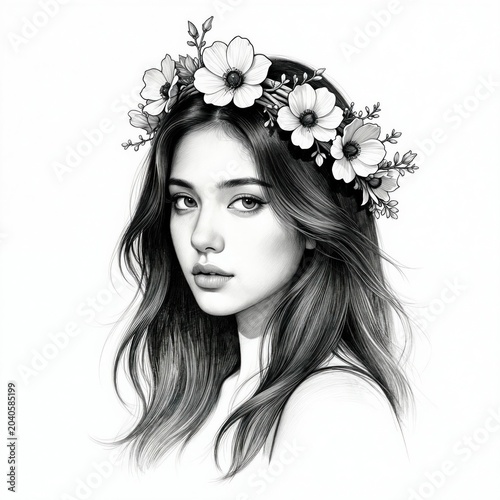 Beautiful young woman with flower crown in her long flowing hair. Pencil sketch portrait with delicate floral details, elegant and timeless feminine beauty. Perfect for fashion or art projects.