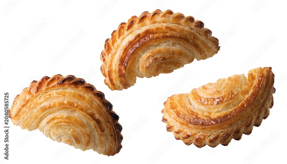 Fototapeta premium Golden puff pastry palmiers with crisp caramelized texture isolated on clean white background.
