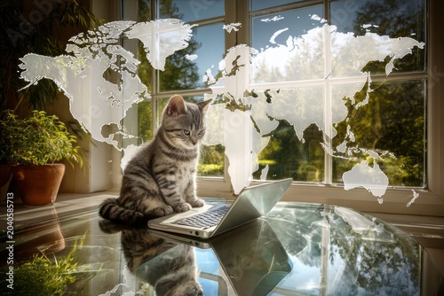 Cat's human-like pose: fearful eyes on morning laptop. Human tec