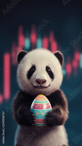 Charming panda cub embraces easter egg: seasonal delight. Crypto investment. Captivating easter scene: panda cub, bright egg, and flower field. Crypto analytics. Risk management.
