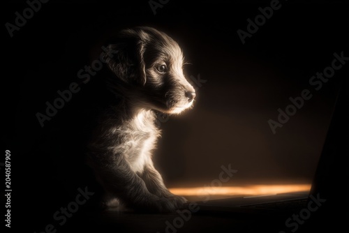 Puppy's night adventure: sitting human-like in fear. Puppy curious. Harmful bacteria and viruses surround us, posing constant risks to humans. Puppy puzzled. Harmful microbes.