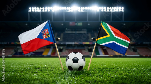 South Africs Vs Czechia, national flags before world championship. Football World Cup Match.