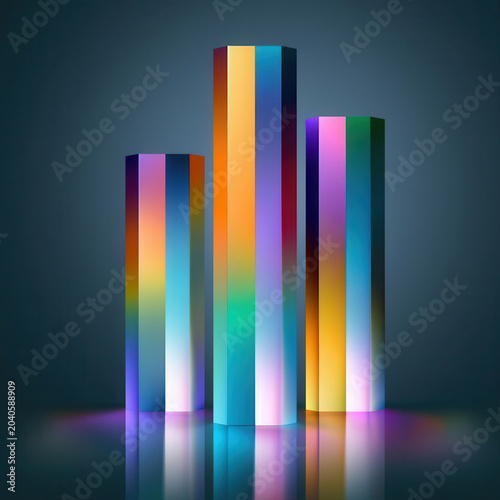 Abstract colorful glossy 3D geometric columns with gradient reflections on dark background