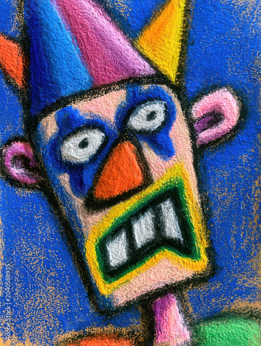 Colorful abstract cubist style face painting with geometric shapes and bold colors on textured blue background