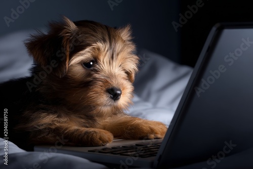Laptop nights: puppy sits like human, looks fearful. Visual data