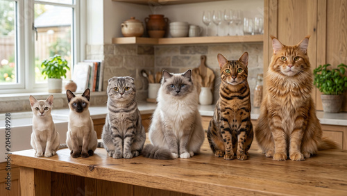 Group of Diverse Cats Sitting Together in Garden, Adorable Domestic Cat Breeds Portrait, Pet Family Concept