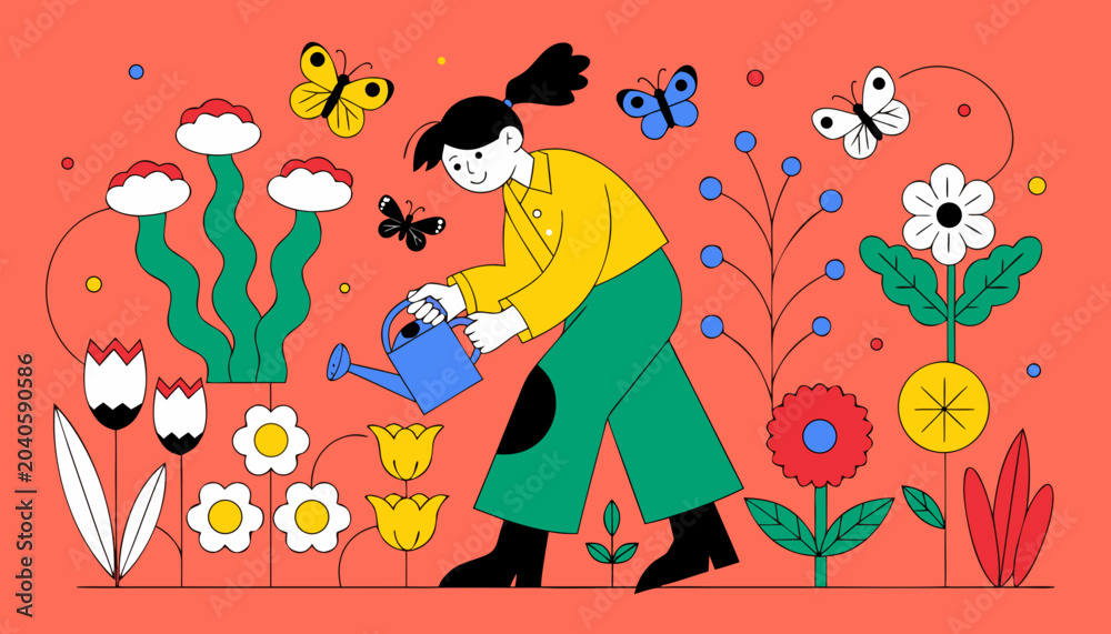 Fototapeta premium Very beautiful child watering colorful garden flowers with a small watering can, surrounded by buzzing butterflies and vibrant blossoms, learning patience, care, and appreciation for nature.
