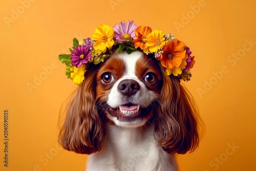 Cute baby dog portuguese water dog wearing feral flower circlet on its head - symbol of sunny holiday season. Isolated warm light green background, copy space, digital ads concept graphic creative.