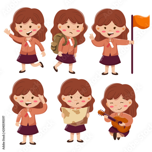 Cute Scout Girl Character Set in Various Activities and Poses