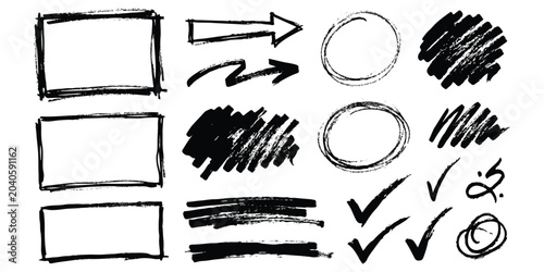 Set of black hand drawn sketch shapes arrows frames and check marks