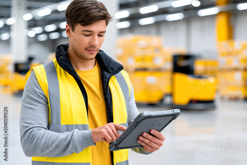 Logistics manager in high visibility vest using tablet in warehouse with yellow boxes and forklifts in the background, focused on inventory management and operations