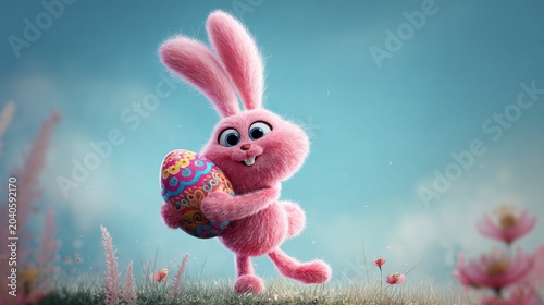 Joyful easter greetings with a pink bunny and colorful egg. Action poster. Delightful easter bunny holding an egg for joyful celebrations. Movie artwork. Thriller poster.