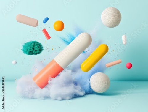 Floating pills and capsules with clouds on a blue background