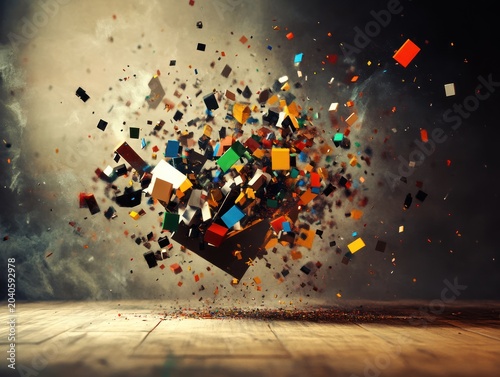 Colorful geometric shapes explode into the air against a dark background