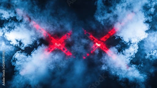 Dynamic smoke and cloud scene with glowing red crosses in sky