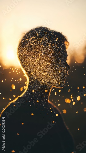 Silhouette of a person with particles glowing around the head against sunset
