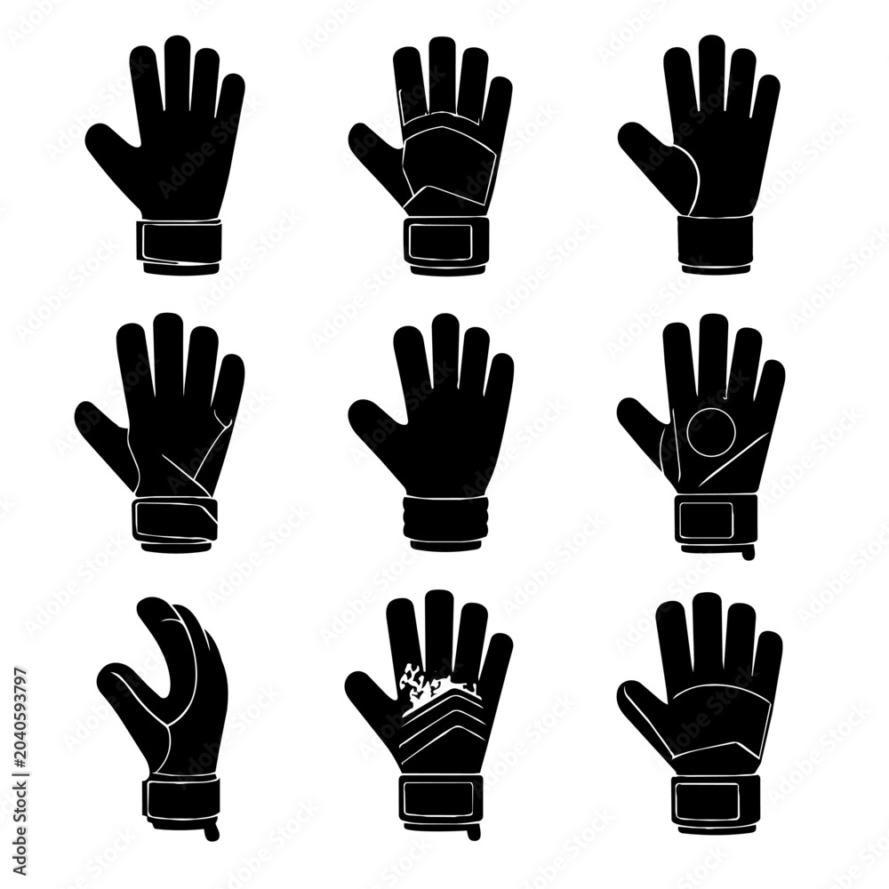 Obraz premium Set of nine black glove illustrations in various hand positions on white background