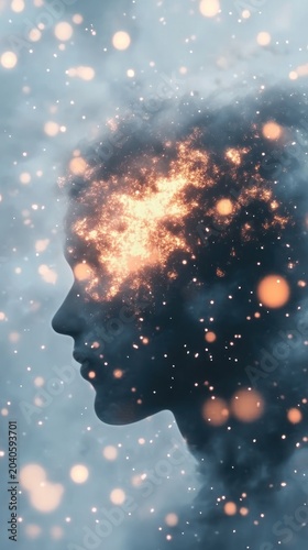 Artistic side profile of a woman with cosmic elements surrounding her head