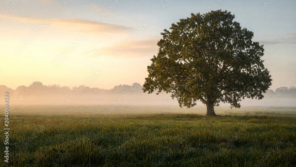 Fototapeta premium Solitary Tree in Misty Field at Sunrise with Warm Sky