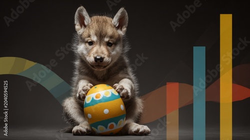 Spring greetings: cute wolf cub's easter joy with decorated egg delight. Financial charts. Captivating easter: wolf cub surrounded by colorful egg and soft background. Growth strategy.