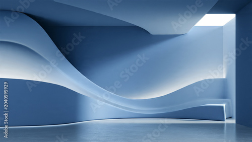 Modern Minimalist Futuristic Interior with Fluid Blue Wavy Walls and Soft Indirect Lighting