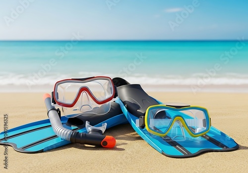 Snorkeling gear with masks and fins on a tropical beach