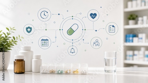 Health management tools on a table with medication and digital icons showing various health services and information