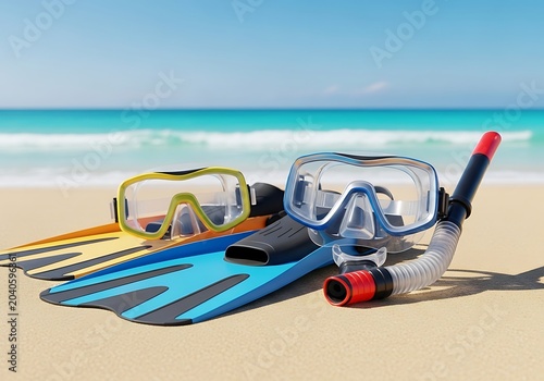 Snorkeling gear set with masks and fins on a tropical beach