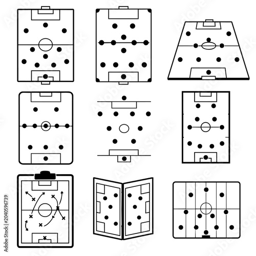 Set of nine different soccer field tactical strategy diagrams with player positions and formations
