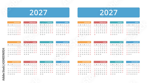 Fotografía 2027 yearly calendar templates featuring both Monday-start and Sunday-start layouts