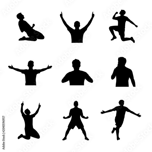 Set of nine black silhouette illustrations of people in various dynamic poses and movements isolated