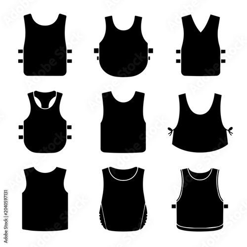 Collection of nine different black tank top silhouettes with various designs and details on clean
