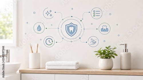 Wall design with dental icons and symbols in a bathroom setting during daytime