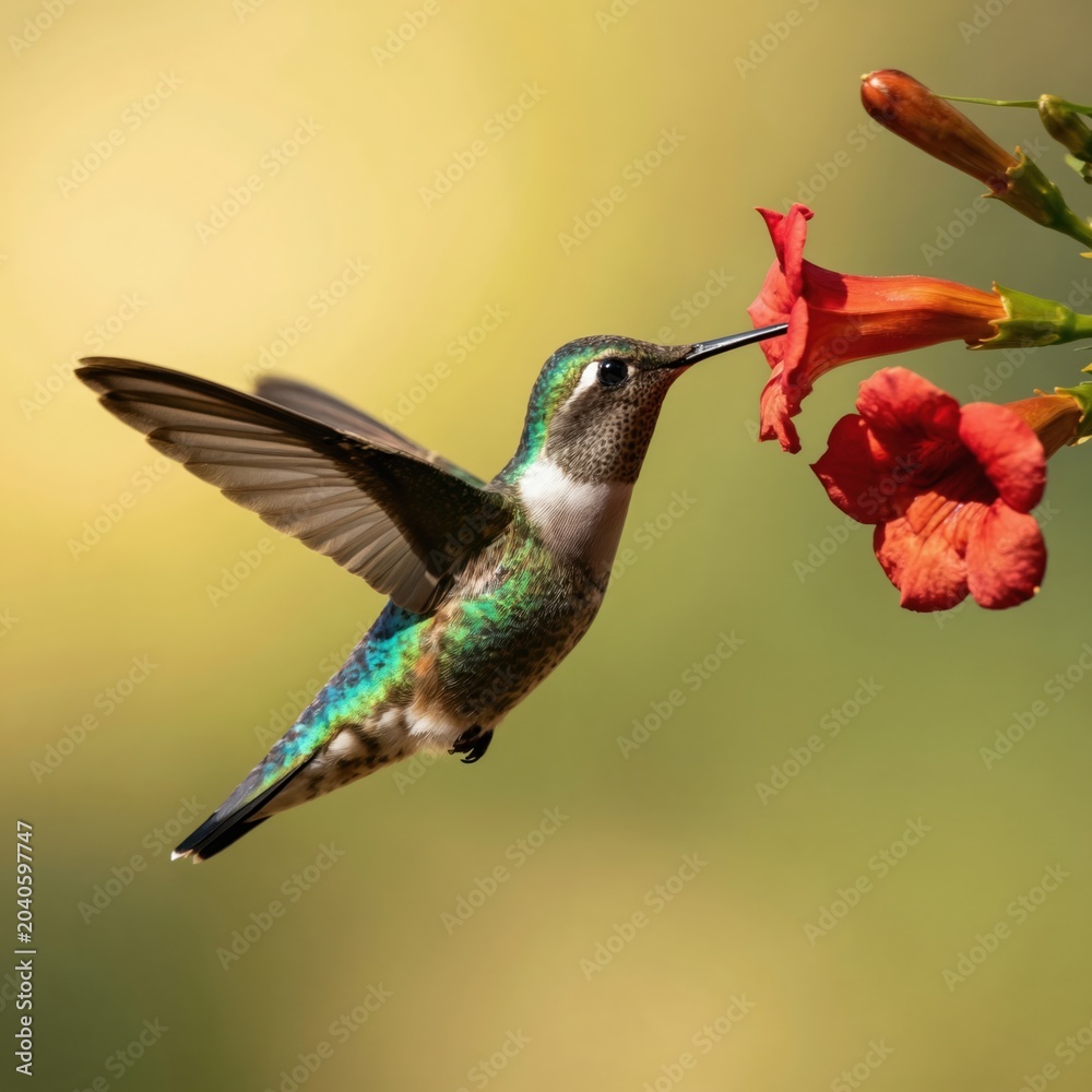 Fototapeta premium Tiny hummingbird hovers near bright red flower to drink nectar. Bird has iridescent green feathers and white throat. Wings blur in flight. Nature scene with small avian creature.