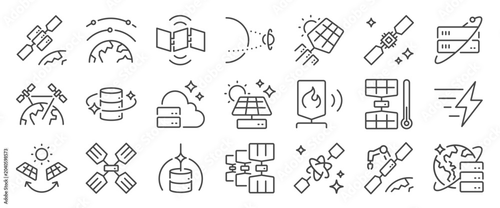 Fototapeta premium Space data center icon set. It includes orbital computing, server, cooling system, satellite, database, and more icons. Editable Vector Stroke.