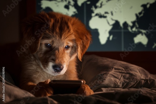 Nighttime fright: puppy and smartphone light the way. Global tech boom. Global society expands through seamless data and travel infrastructure. New global age. Digital human map.