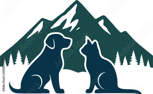 Foto illustration of a dog and cat with a mountain background
