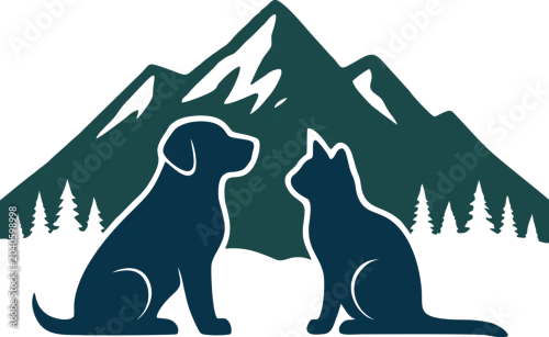 Obraz 
illustration of a dog and cat with a mountain background