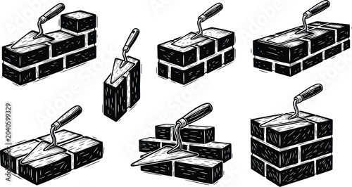 Vintage Bricklaying Trowel and Brick Wall Sketch Vector Set Featuring Masonry Construction Tools and Mortar Layers for Building Contractor Logo Designs