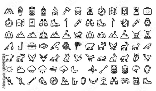 Camping and hiking outline vector icon set outdoor recreation symbols