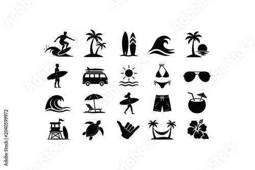 Canvas Print Black silhouette beach icons set with surfing and summer symbols Vector