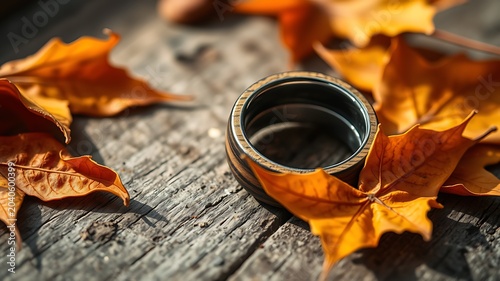 Wooden ring with autumn leaves on weathered wood grain metal