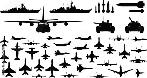 Tableau sur toile Military Defense Silhouette Collection Featuring Fighter Jets Bombers Tanks Wars